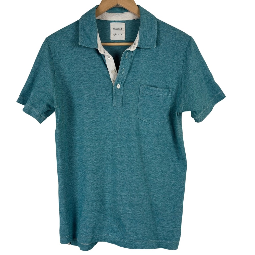 Billy Reid Mens Medium Teal Blue Heathered Stripe Short Sleeve Polo Shirt Pocket